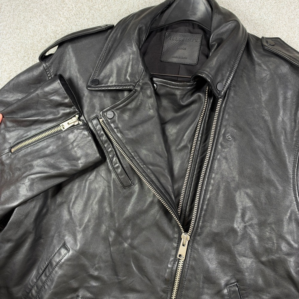 AllSaints Leather Biker Jacket Mens Large Black Sheep Leather Moto Asymmetric